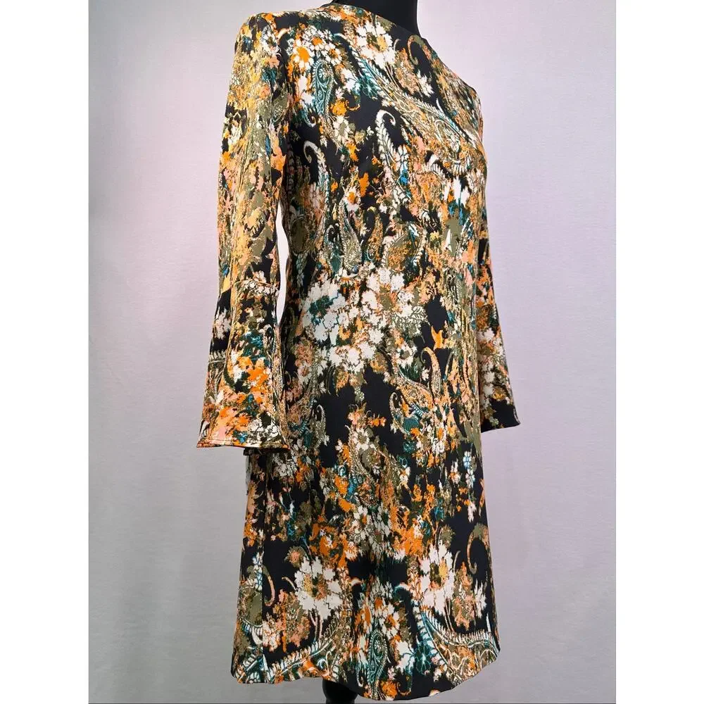WAYF Multicolor Boho Floral Paisley Bell Sleeve Mini Shift Dress Size Small - Picture 2 of 10